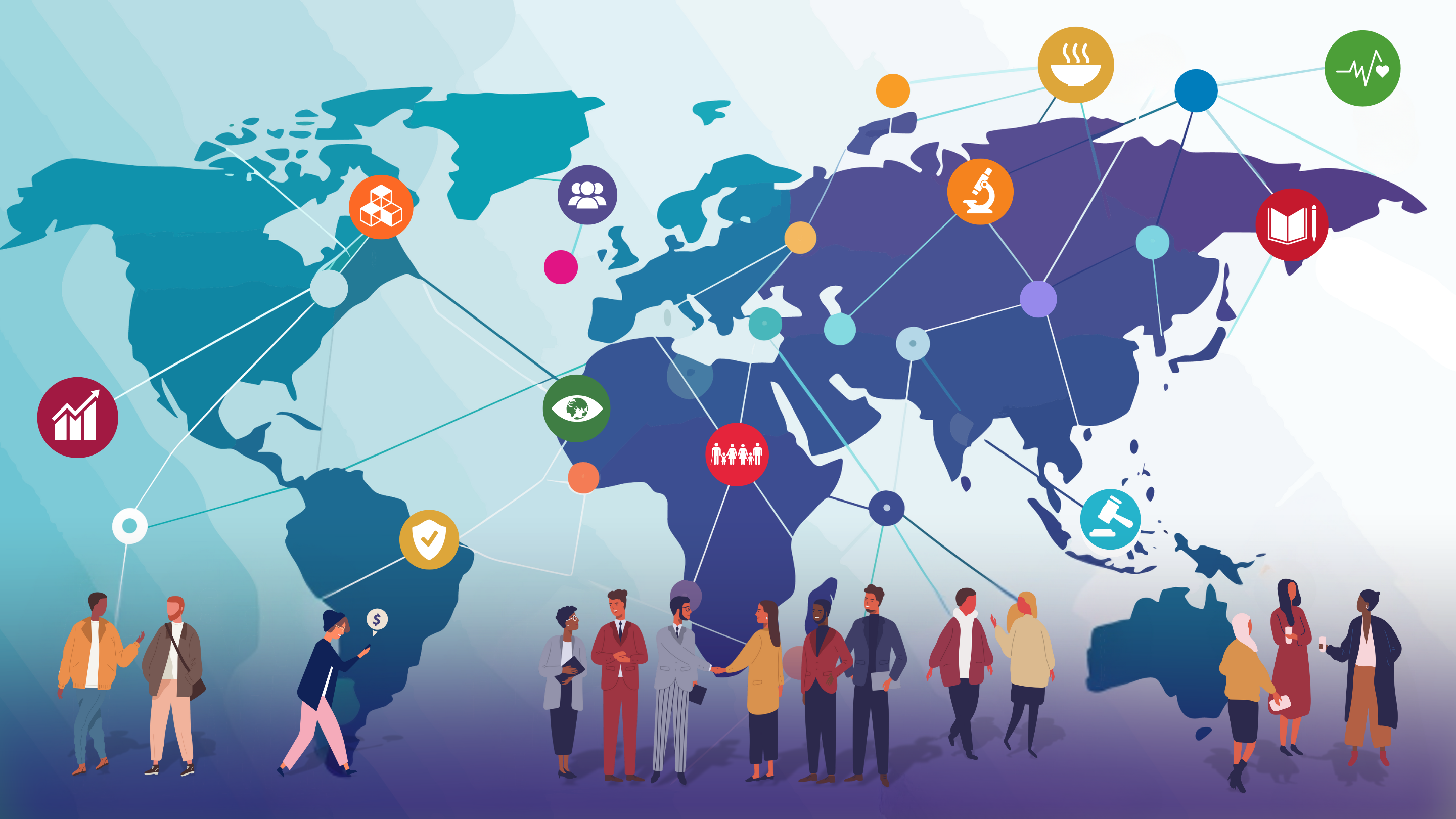 World map with SDG icons and people