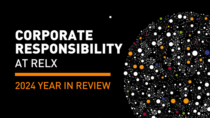 Image of multi-coloured dots in a sphere on a black background with wording Corporate Responsibility at RELX: 2024 Year in Review