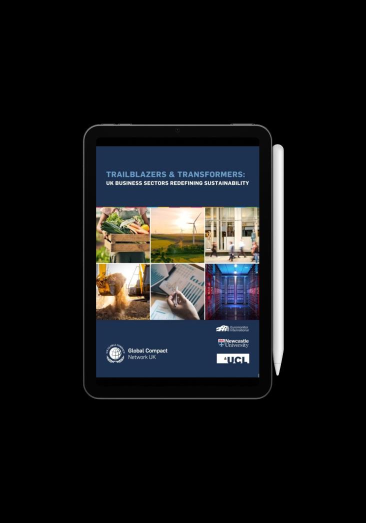Front cover of the Trailblazers & Transformers report featuring images including a wind turbine and a crate of vegetables 