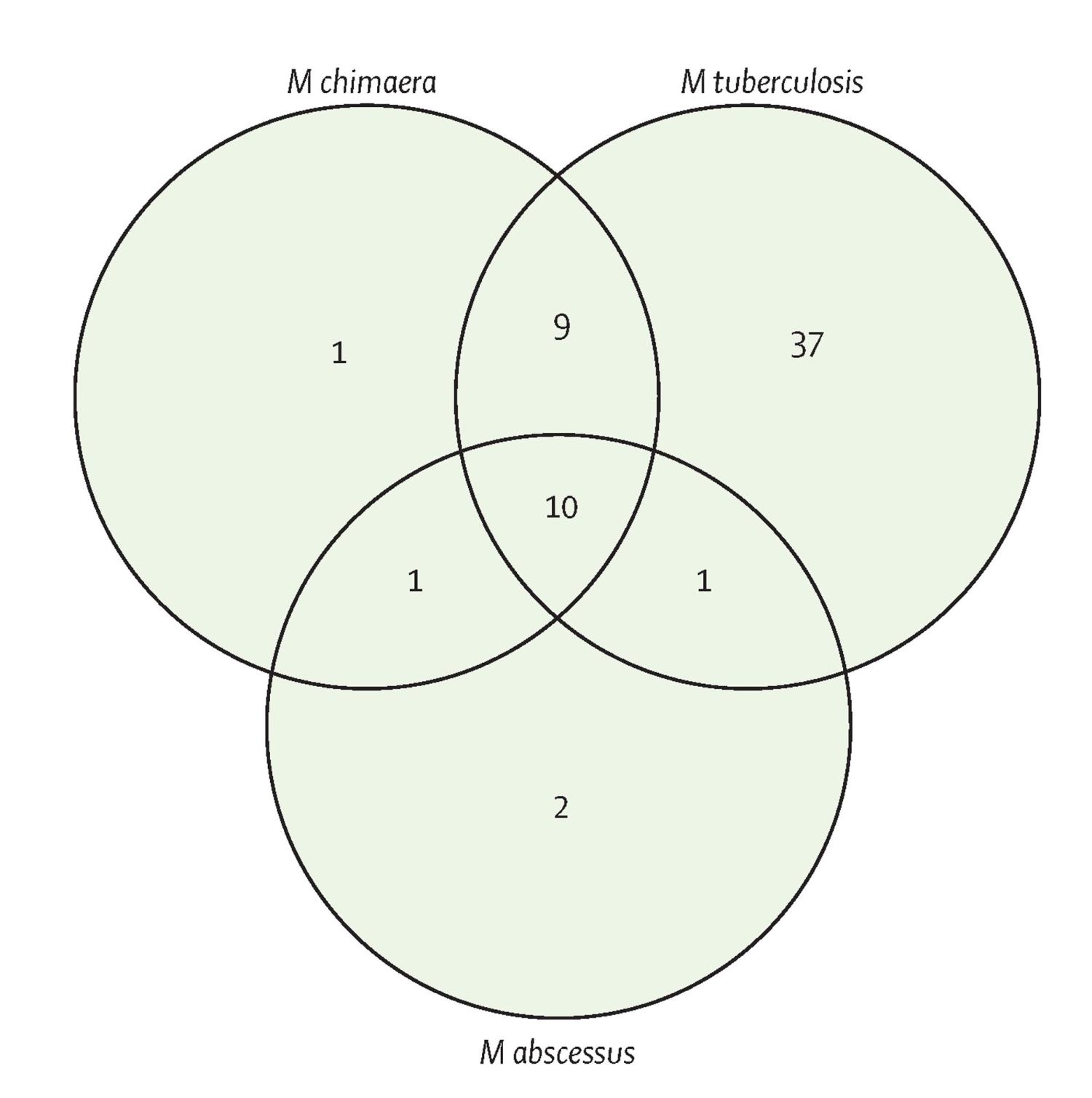 Venn diagram describing the overlap in antimicrobial compound hits against M chimaera, M abscessus, and M tuberculosis. 